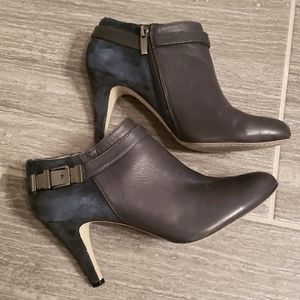 Navy Blue Leather and Suede Bootie Shoes, Gun Metal Accents, Size 8.5